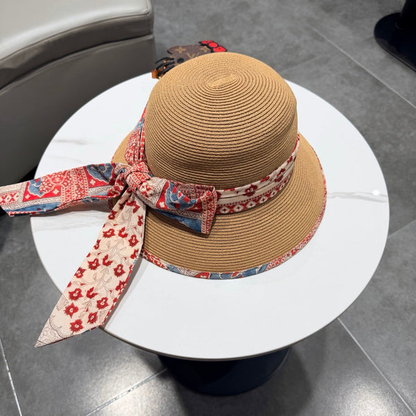 Chapeau Chanel à nœud ruban Camel en paille 205601