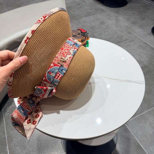Chapeau Chanel à nœud ruban Camel en paille 205601