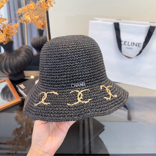 Chanel Chapeau Pliant d'Été Noir en Paille 205441