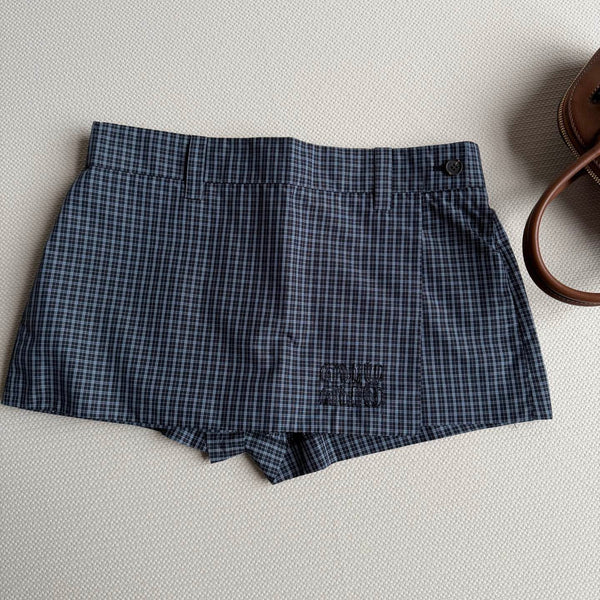 Jupe-culotte Miu Miu en coton bleu marine avec lettres brodées appliquées YB