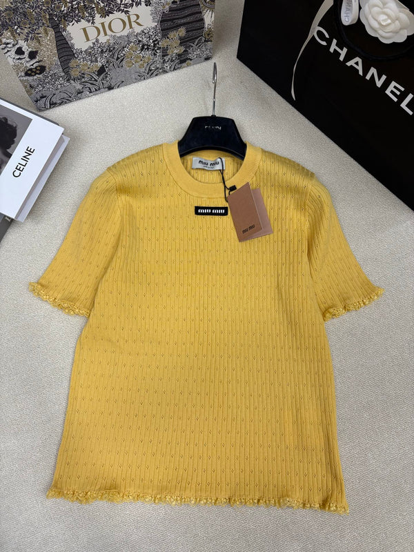 Miu Miu 26 Top col rond manches courtes jaune en tricot 191310