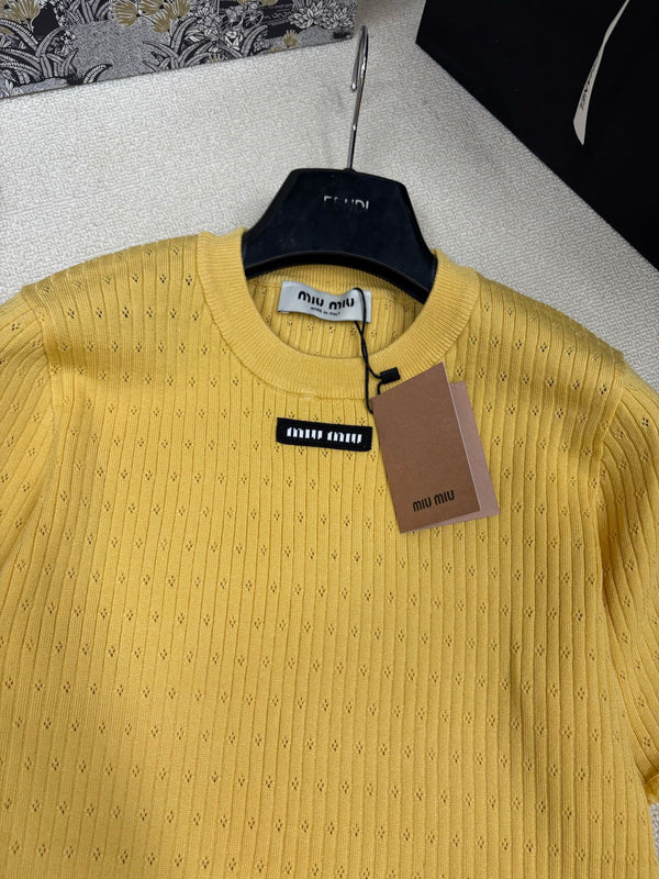 Miu Miu 26 Top col rond manches courtes jaune en tricot 191310