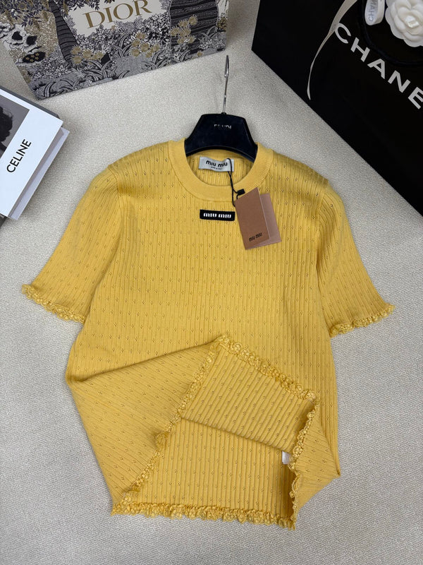 Miu Miu 26 Top col rond manches courtes jaune en tricot 191310