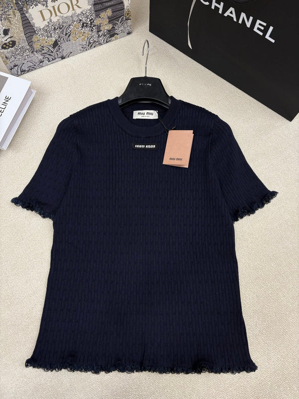 Haut ras du cou à manches courtes en maille noir Miu Miu 26 191309