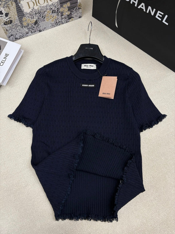 Haut ras du cou à manches courtes en maille noir Miu Miu 26 191309