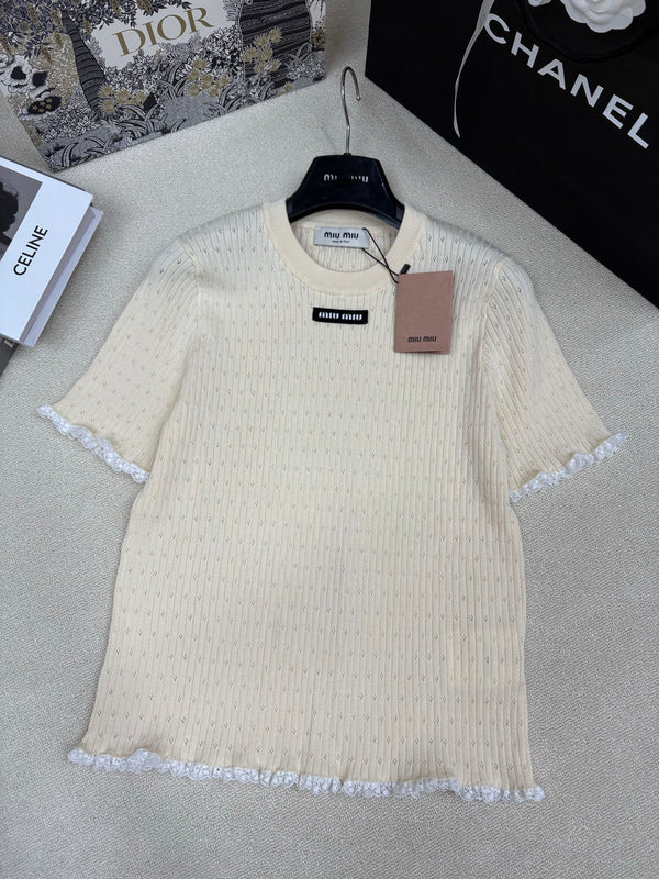 Miu Miu 26 Top col ras du cou à manches courtes crème en tricot 191308