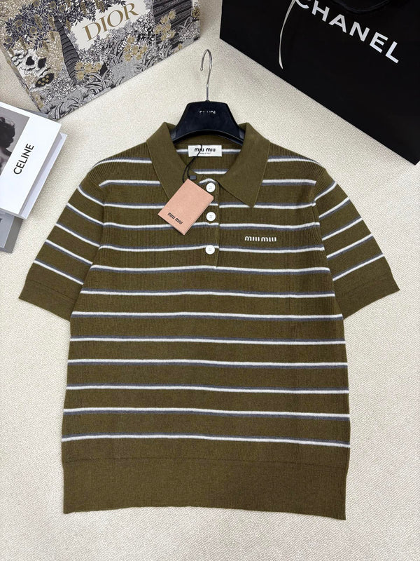 T-shirt à col et manches courtes Miu Miu 26 vert olive en laine 191273