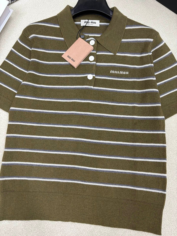 T-shirt à col et manches courtes Miu Miu 26 vert olive en laine 191273