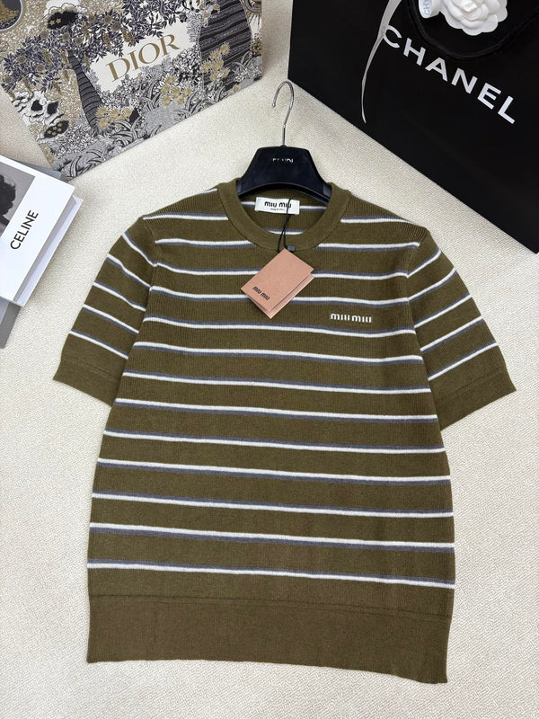 Miu Miu 26 Crew Neck Short-Sleeve Top Olive Green in Wool 191269