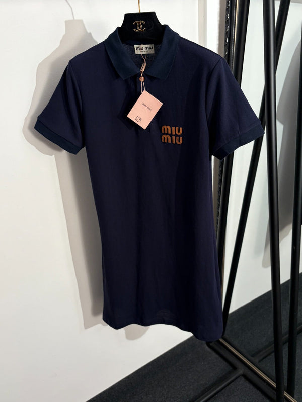 Robe Miu Miu à col polo et manches courtes en coton bleu marine 190632