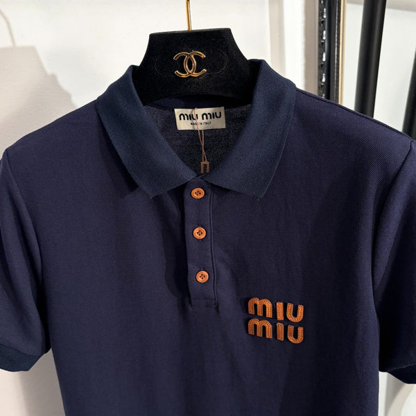 Robe Miu Miu à col polo et manches courtes en coton bleu marine 190632