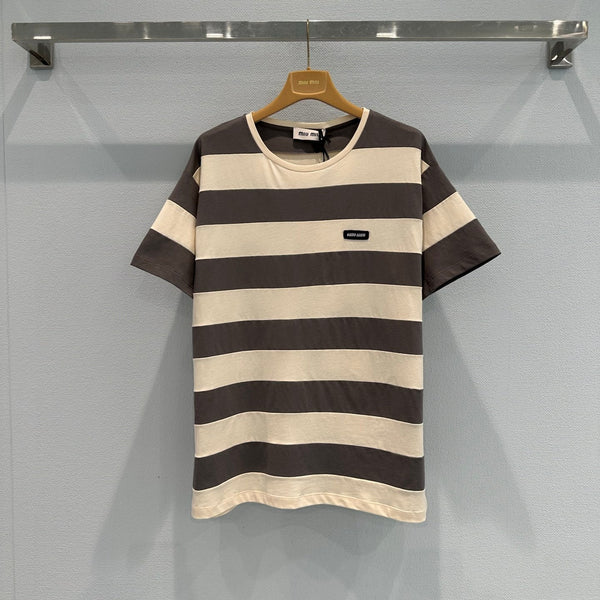 T-shirt Miu à manches courtes rayé marron et blanc en coton 191567