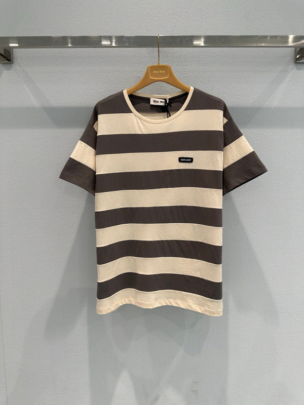 T-shirt Miu à manches courtes rayé marron et blanc en coton 191567