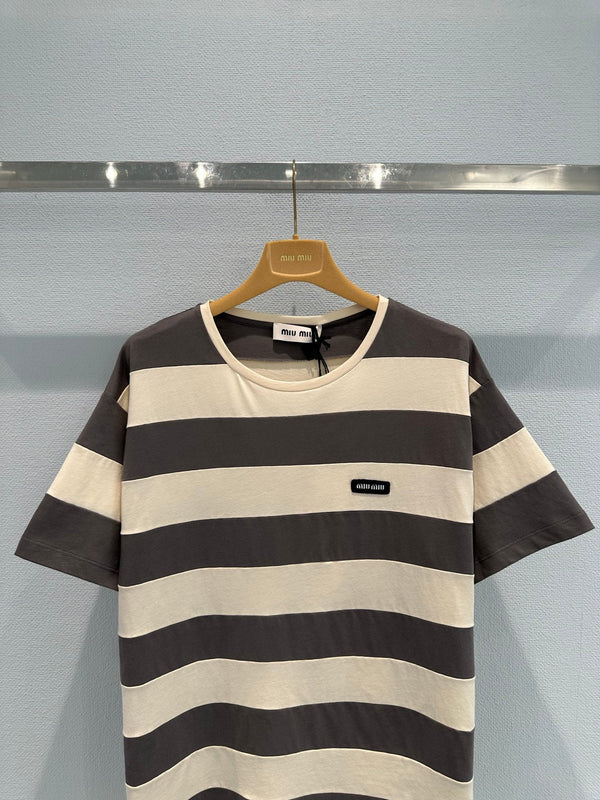 T-shirt Miu à manches courtes rayé marron et blanc en coton 191567