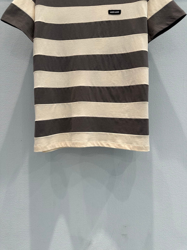 T-shirt Miu à manches courtes rayé marron et blanc en coton 191567