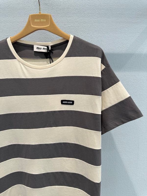 T-shirt Miu à manches courtes rayé marron et blanc en coton 191567
