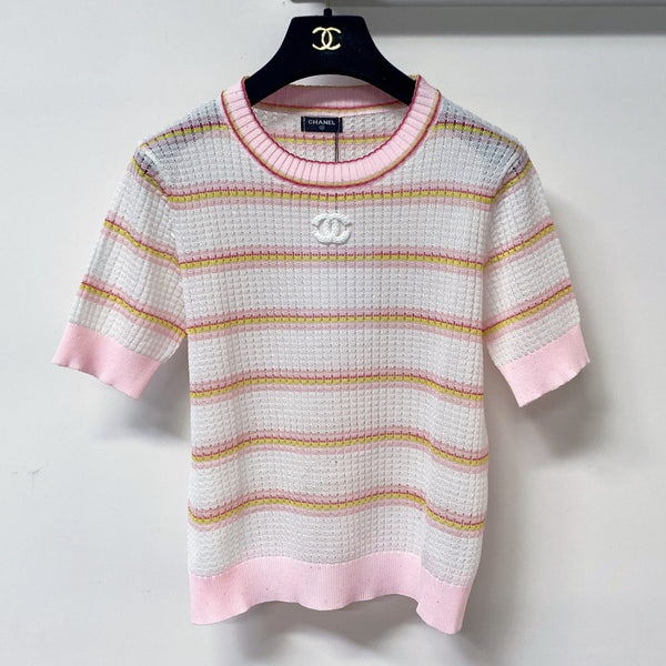 Chanel Two-Tone Short-Sleeve T-Shirt Pink White in Tencel 194366