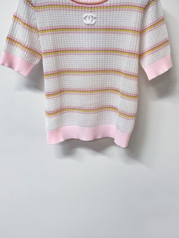 Chanel Two-Tone Short-Sleeve T-Shirt Pink White in Tencel 194366
