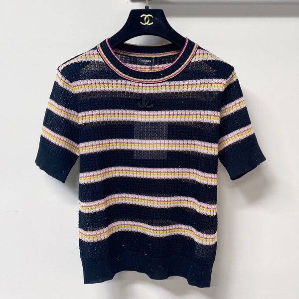 T-Shirt Chanel Bicolore Manches Courtes Rose Noir en Tencel 194365
