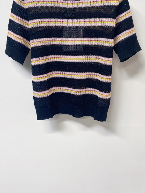 T-Shirt Chanel Bicolore Manches Courtes Rose Noir en Tencel 194365