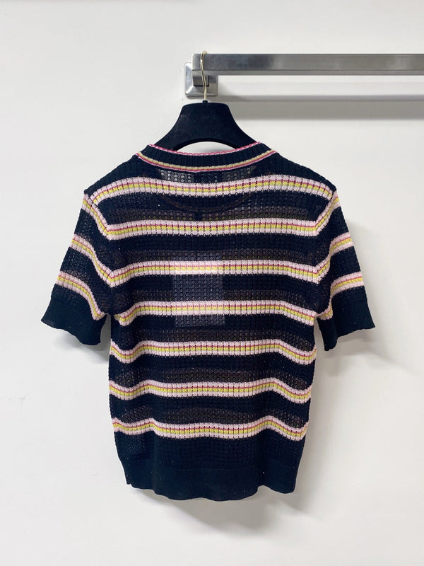 T-Shirt Chanel Bicolore Manches Courtes Rose Noir en Tencel 194365