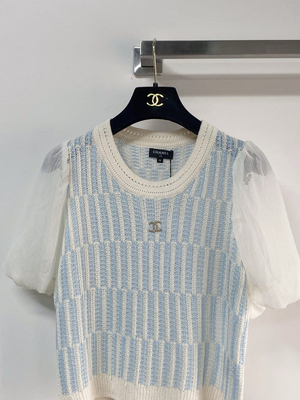 Chanel Manches Courtes Manches Bouffantes Bleu en Laine 194334