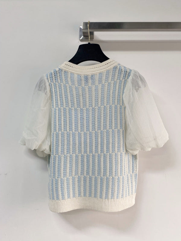 Chanel Manches Courtes Manches Bouffantes Bleu en Laine 194334