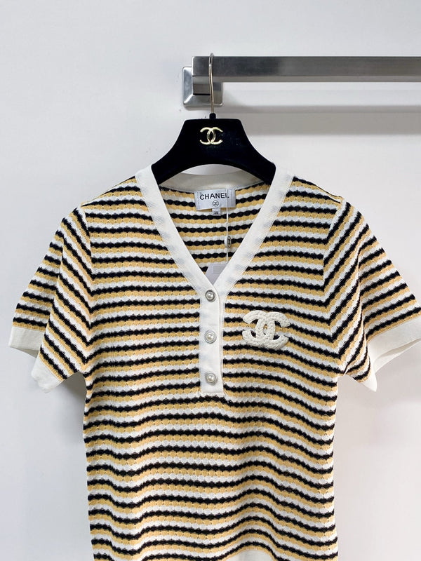 Chanel Two-Tone Short-Sleeve T-Shirt Beige White in Viscose 194325