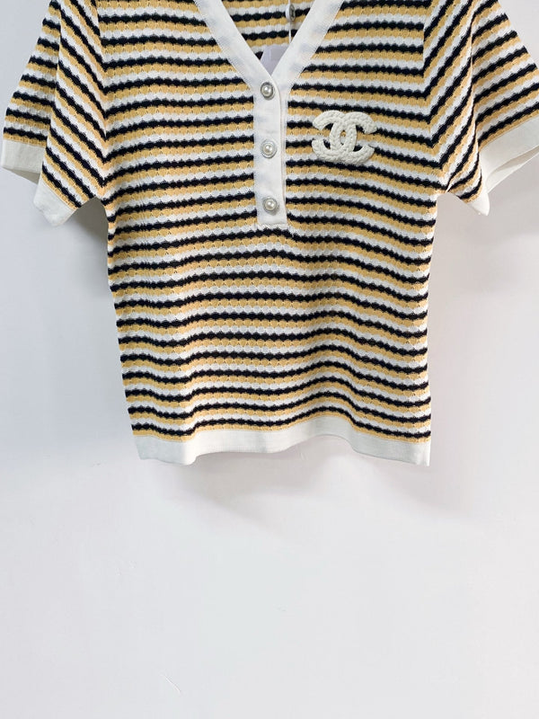 Chanel Two-Tone Short-Sleeve T-Shirt Beige White in Viscose 194325