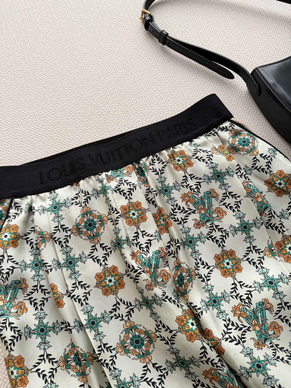 LV 26SS Printed Wide-Leg Pants Cream floral in Silk 198359