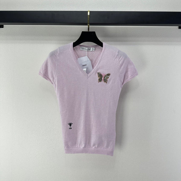 Dior Butterfly Sequin V-Neck Short-Sleeve Top Light Purple in Wool 362474