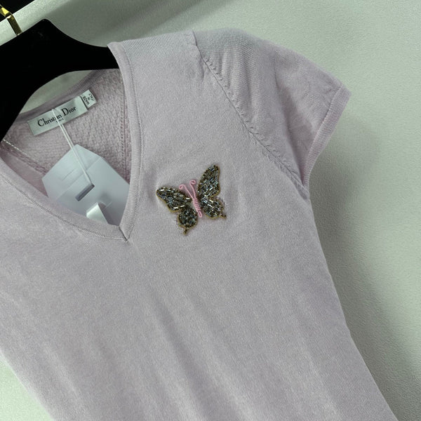 Dior Butterfly Sequin V-Neck Short-Sleeve Top Light Purple in Wool 362474