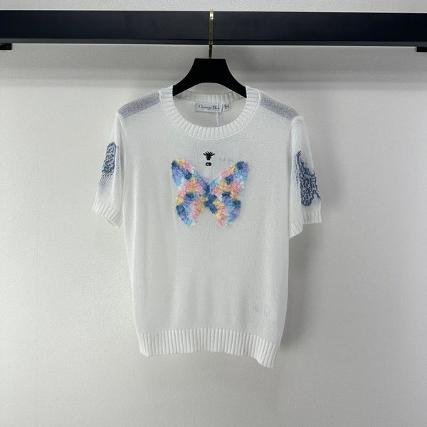 T-shirt à manches courtes en maille papillon Dior blanc en laine 360700