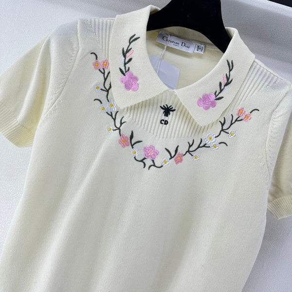 Dior Floral Embroidered Collared Knit Sweater Ivory in Viscose 360689