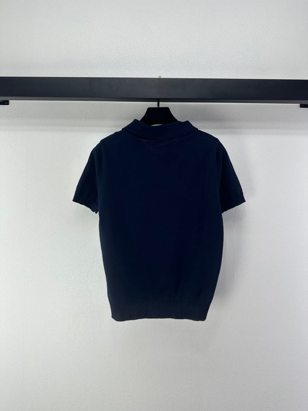 Dior Floral Embroidered Collared Knit Sweater Navy Blue in Viscose 360688