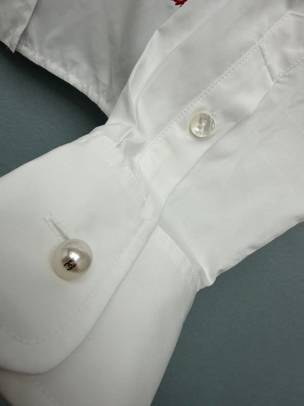 Chanel 26 Pearl Button Chain Trim Short White Shirt in Cotton 213056