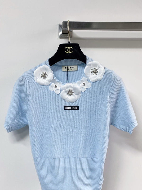 Miu Miu Short-Sleeve T-Shirt Blue in Wool 204065