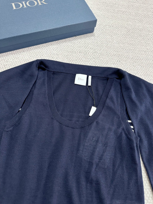 Dior Striped Shawl-style Knit Top Navy Blue in Cashmere 208799