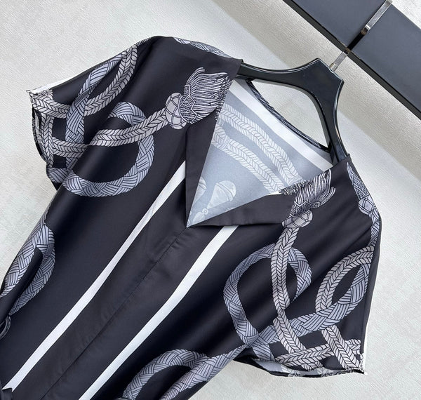 HM 26 Robe imprimée à nouer à la taille, noire en soie de mûrier 180941