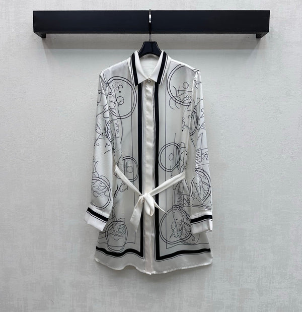 HM 26 Printed Shirt Dress with Belt White in Mulberry Silk 172272