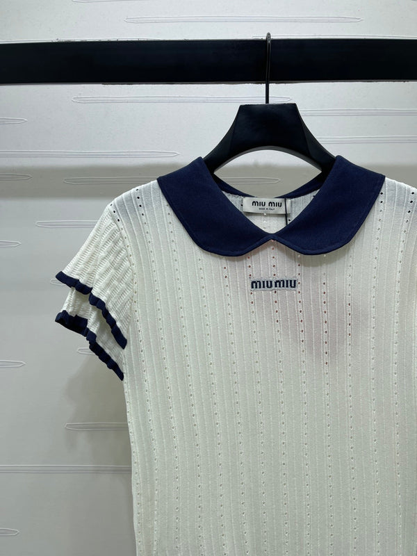 Miu Miu 26 Collar Openwork Short-sleeved Top White in Tencel 221742
