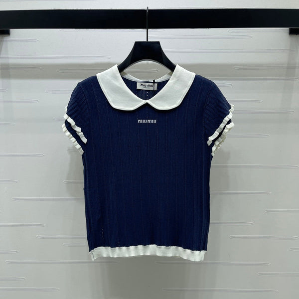Miu Miu 26 Collar Openwork Short-sleeved Top Navy Blue in Tencel 221741