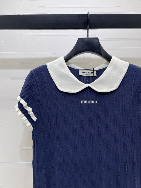 Miu Miu 26 Collar Openwork Short-sleeved Top Navy Blue in Tencel 221741