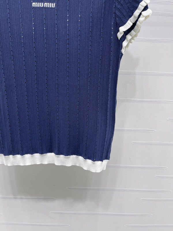 Miu Miu 26 Collar Openwork Short-sleeved Top Navy Blue in Tencel 221741