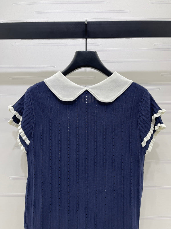Miu Miu 26 Collar Openwork Short-sleeved Top Navy Blue in Tencel 221741