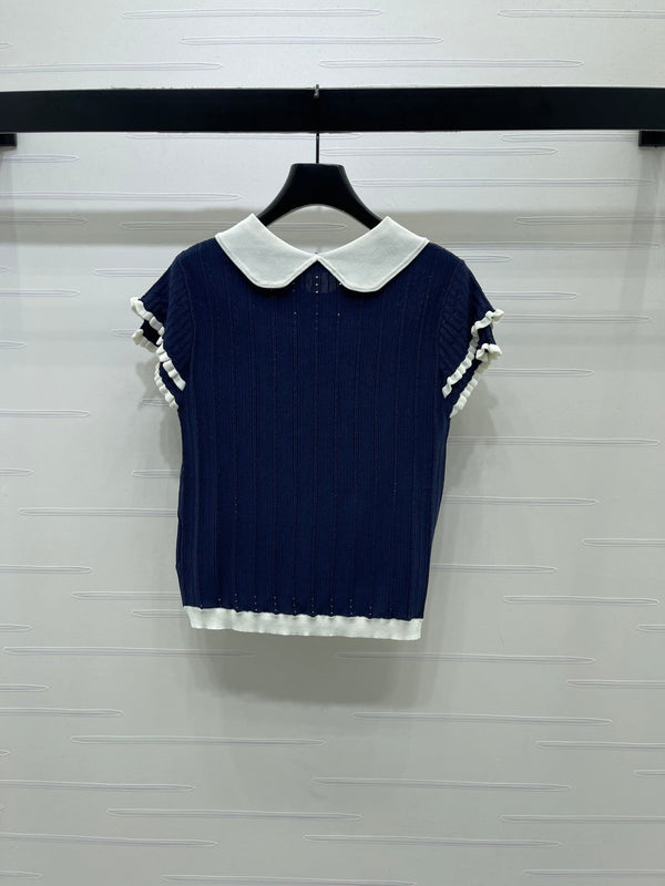 Miu Miu 26 Collar Openwork Short-sleeved Top Navy Blue in Tencel 221741