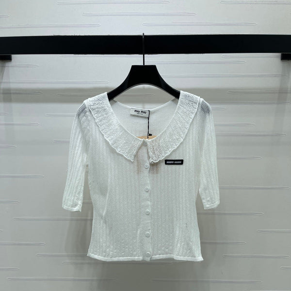 Miu Miu 26 Cardigan col montant manches courtes blanc en coton 221703