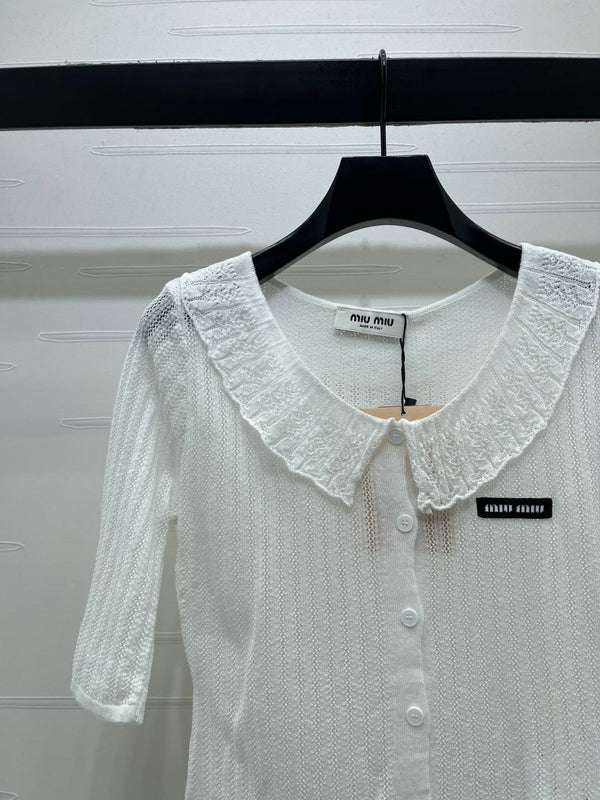 Miu Miu 26 Cardigan col montant manches courtes blanc en coton 221703