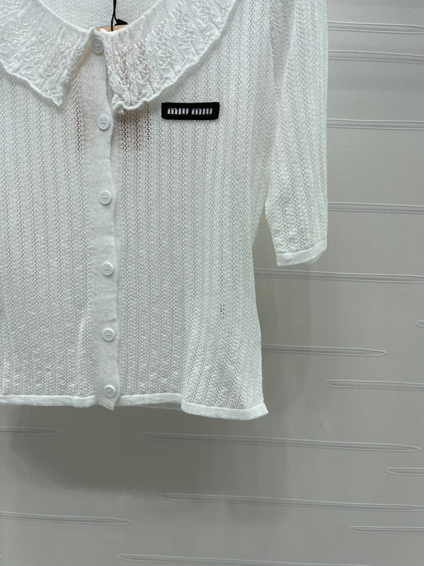 Miu Miu 26 Cardigan col montant manches courtes blanc en coton 221703