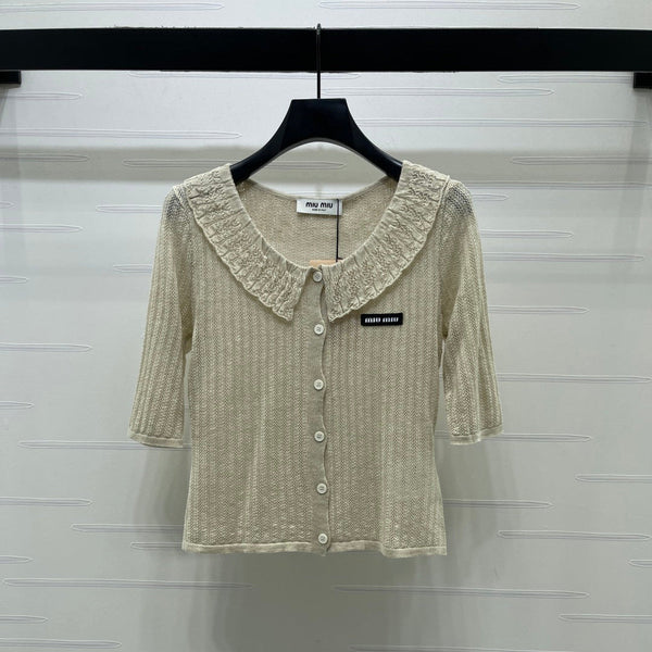 Cardigan court col chemise Miu Miu 26 en coton beige 221702